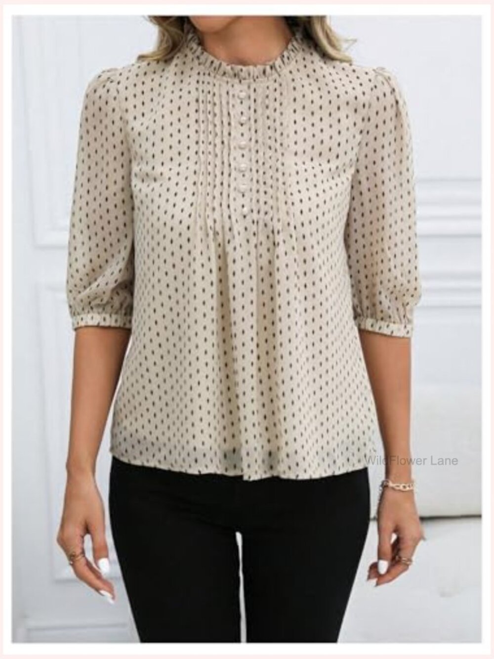 Half Puff Sleeve Polka Dot Blouse Button Mock Neck Pleated Tops - Picture 3 of 5